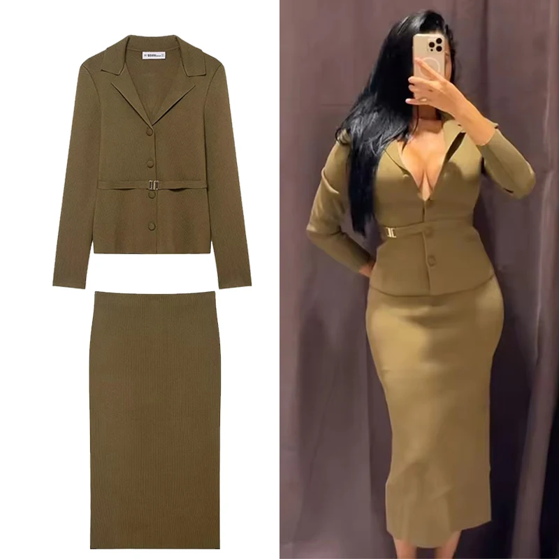 

Женские вязаные юбки-миди, комплекты из двух предметов, новинка 2025, шикарный модный вязаный кардиган с поясом, пальто, женские костюмы, осенне-зимняя женская одежда