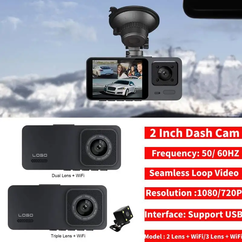 2 Inch Dual/Three Lens Dash Cam HD 1080P Night Vision  Recorder Parking Monitor Built-in G-Sensor with WIFI Rear View Camera