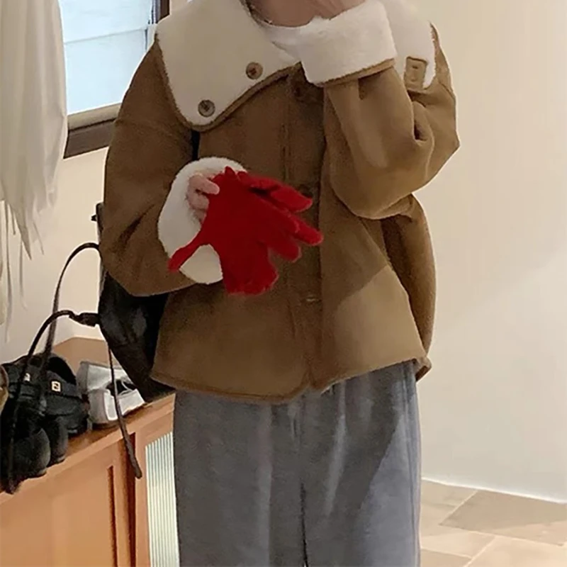 Petite Lazy Style Fleece-Lined Thick Warm Jacket for Women, Autumn and Winter, Fashionable, Age-Reducing, Slimming Cotton Coat