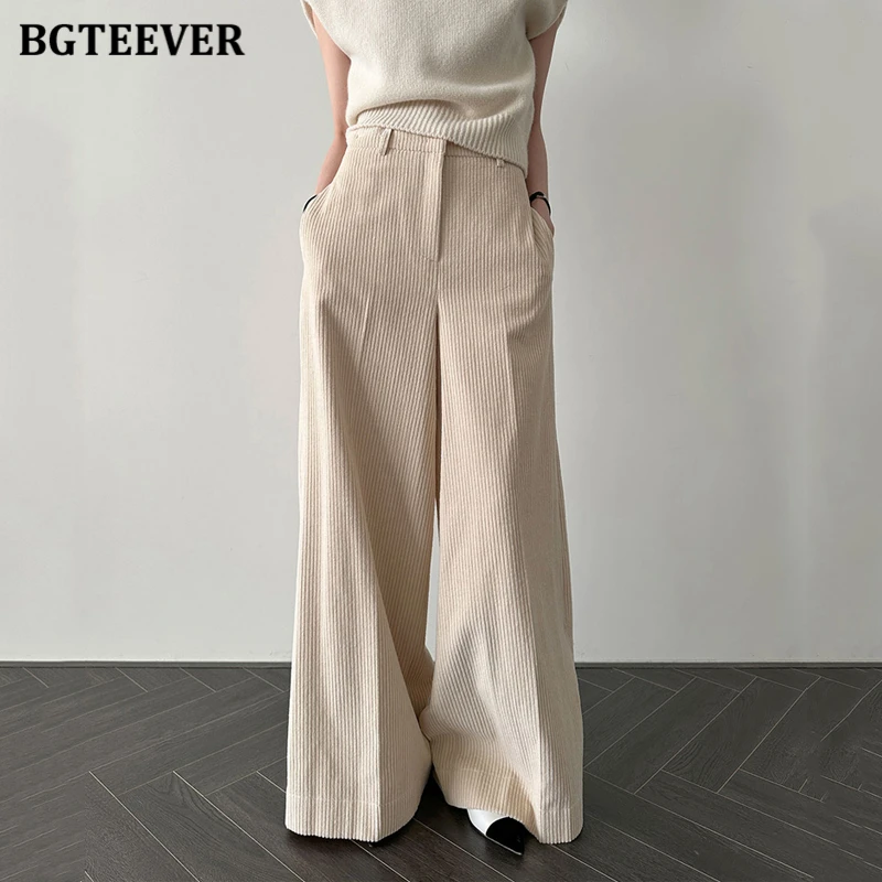 BGTEEVER Casual Ladies Wide Leg Trousers Spring Loose Pockets Corduroy Pants for Women