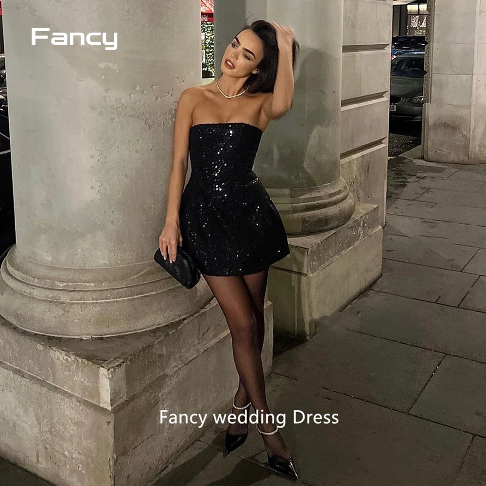 

Fancy Sexy Glitter Black Mini Evening Saudi Arabia Dress Shiny Sequin Strapless Prom Gown A Line Sweet Night Event Dresses