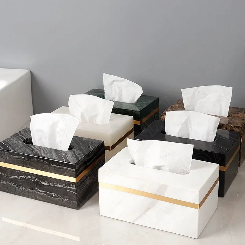 Natural Marble Tissue Box Golden Stroke Bathroom Paper Boxes Western Restaurant Desktop Napkin Organizer Home Decoration Modern