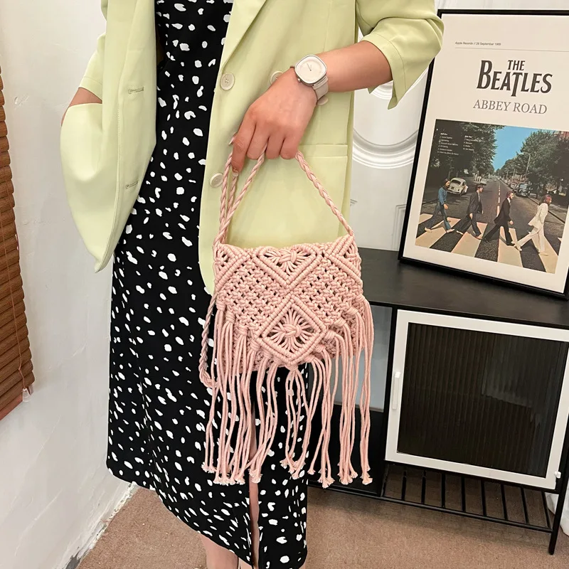 Neue Strohs ack böhmische Quaste Strand tasche Frauen häkeln Fransen Cross body ultraleichte Umhängetasche Frauen kleine Bolsos Feminina – Detail 29