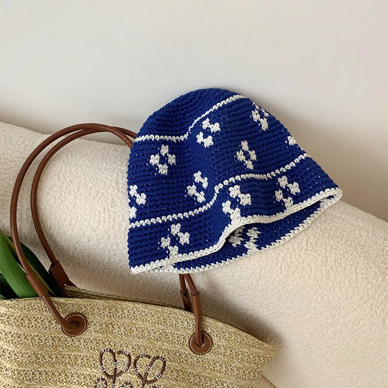 Kapelusz z dzianym kwiatem koreańskiej wersji wiosna lato szydełka rybak czapka kobiety Handmade Panama kapelusze wiadro Sombreros De Mujer — zdjęcie 7