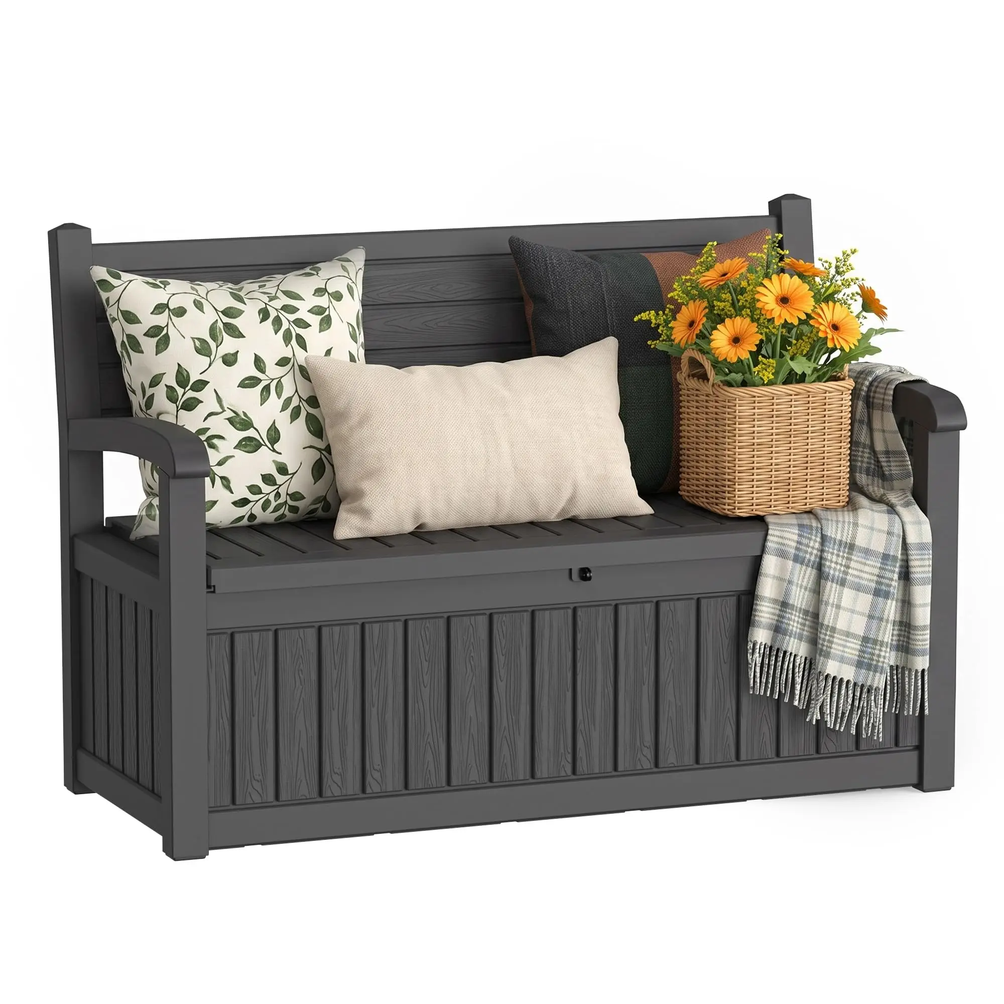 Outdoor Bench, Waterproof Garden Storage Bench, 100 Gallon Deck Box | Lockable Resin Bench Seating Weatherproof