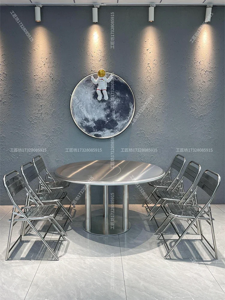 Industrial wind stainless steel large round table household dining food stall hot pot shop  and chair combination