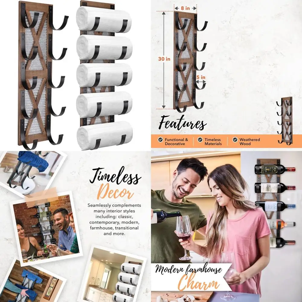 

Rustic Farmhouse Wall-Mounted Towel Rack and Wine Holder Set, Brown Western Decor for Bathroom Accessories