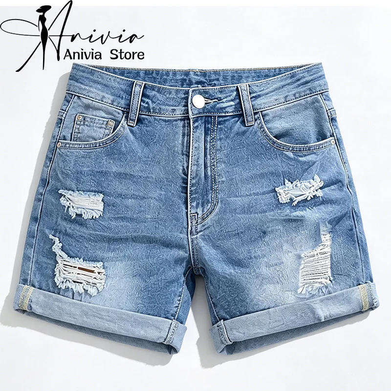 Women's Blue Cuffed Denim Shorts Y2K Harajuku American High Street Fashion 2000S Aesthetic Casual Jeans Shorts Clothing 2026 New