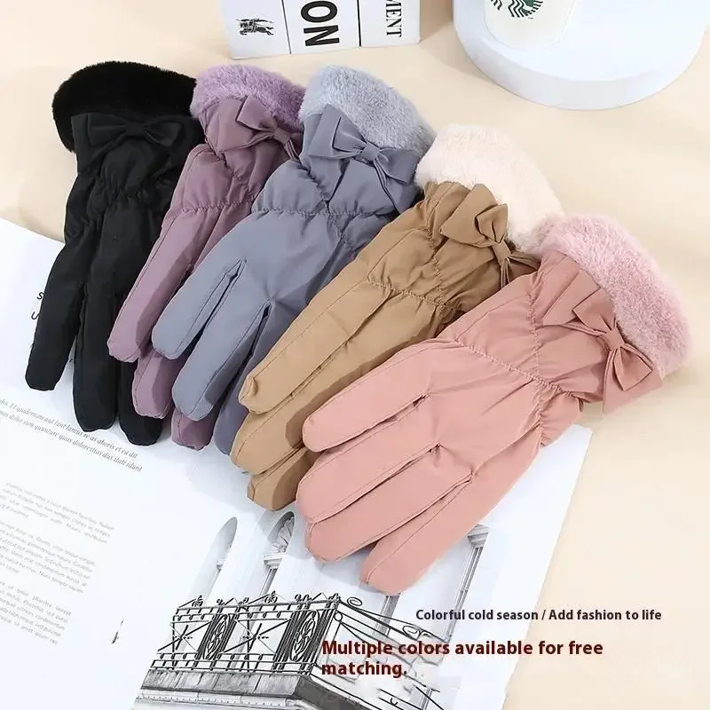 Guantes de esquí para mujer, guantes de invierno de lana gruesos y cálidos de felpa de algodón impermeables con pantalla táctil para conducción al aire libre y montañismo