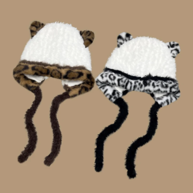 New Winter Cute Plush Bear Ears Plush Pullover Hat for Men and Women Fashion Leopard Print Warm Ear Lace-Up Straps Bomber Hats