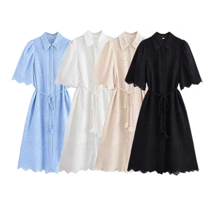 ผู้หญิงRetroฤดูร้อนMidiเสื้อHollowเย็บปักถักร้อยLace-Up Bowknot ElegantหลวมStreetwearเสื้อผ้า