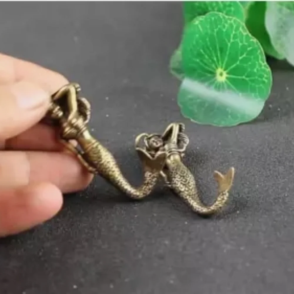Pure Brass Mermaid Key Chain Keyring Figurine Ornament Miniature Statue Craft