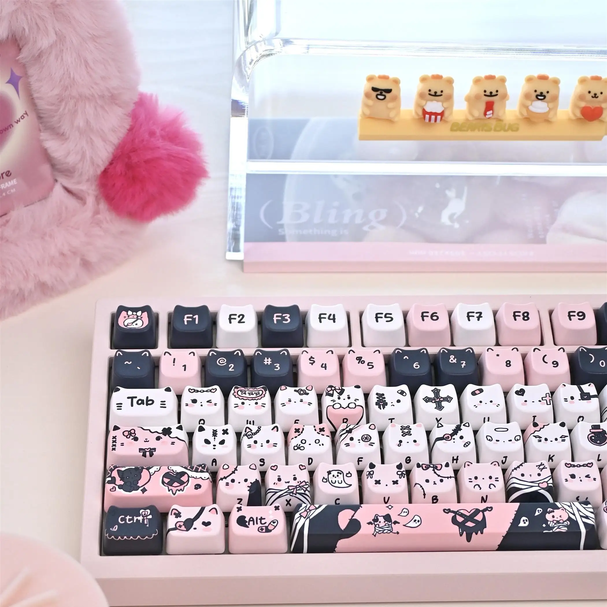 Capuchons de touches Meow polyvalents MAO, tête de chat mignonne, Style dessiné à la main, PBT, Sublimation thermique, noir, rose, pour clavier mécanique