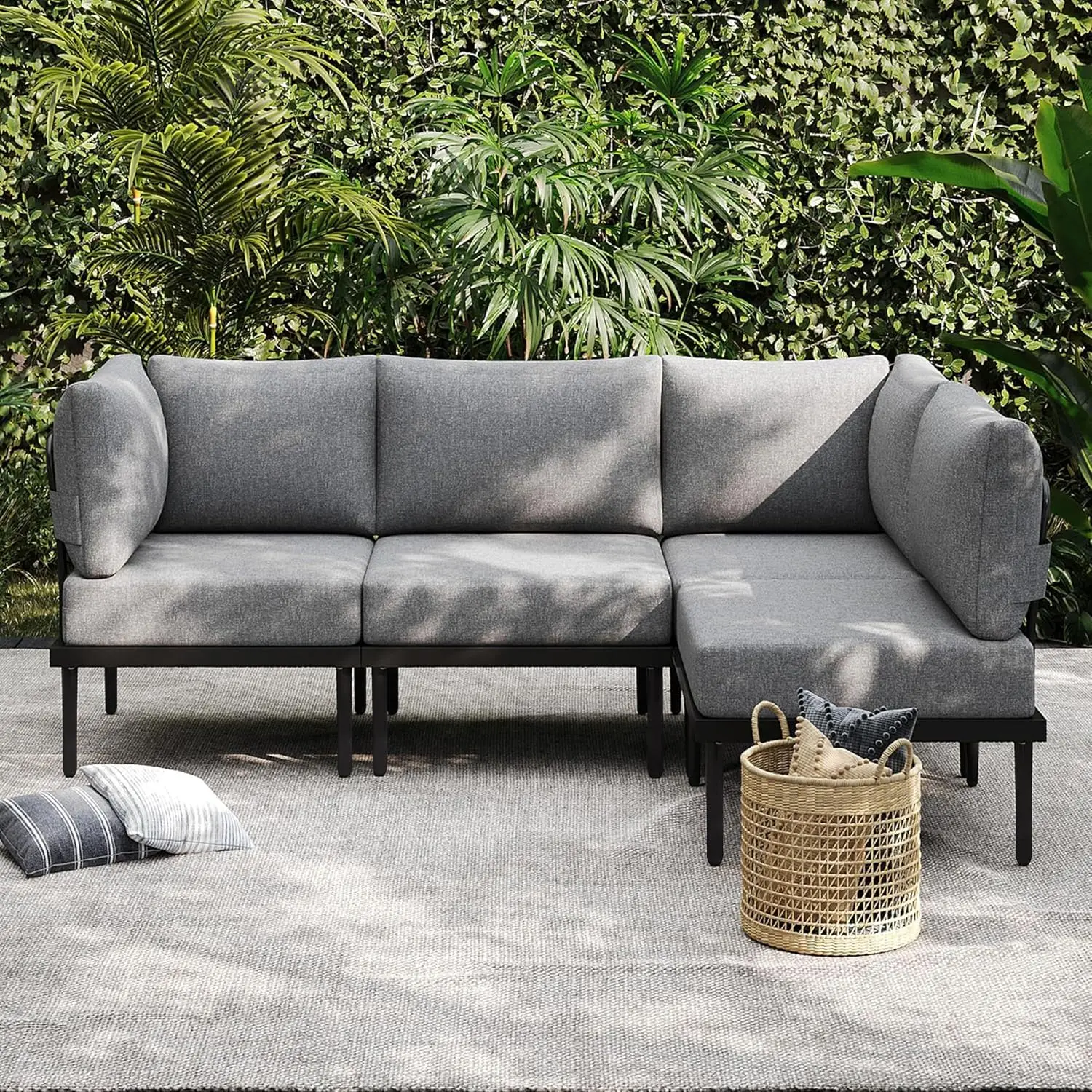 Metal Patio Sectional Sofa, 6 Inch Olefin Cushion, Weather-Resistant Modular Set for Balcony Yard, Customized