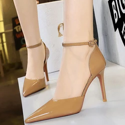 Large Size 43 Women Sandals Patent Leather High Heels Women Summer Shoes Hollow Out One Line Sandals With Strap Stilettos Pumps