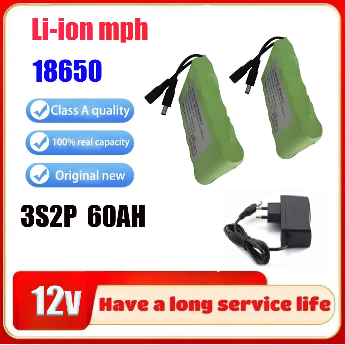 

12V 60ah 3S2P18650Original NEW Portable Battery Rechargeable Lithium Ion Battery Pack Capacity DC 12.6v 30Ah CCTV Cam Monitor +