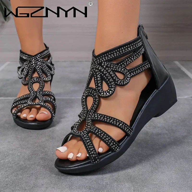 

2025 сандалии с кристаллами, женские удобные сандалии на высоком каблуке на танкетке с открытой молнией, женская обувь, удобные стильные сандалии на плоской подошве