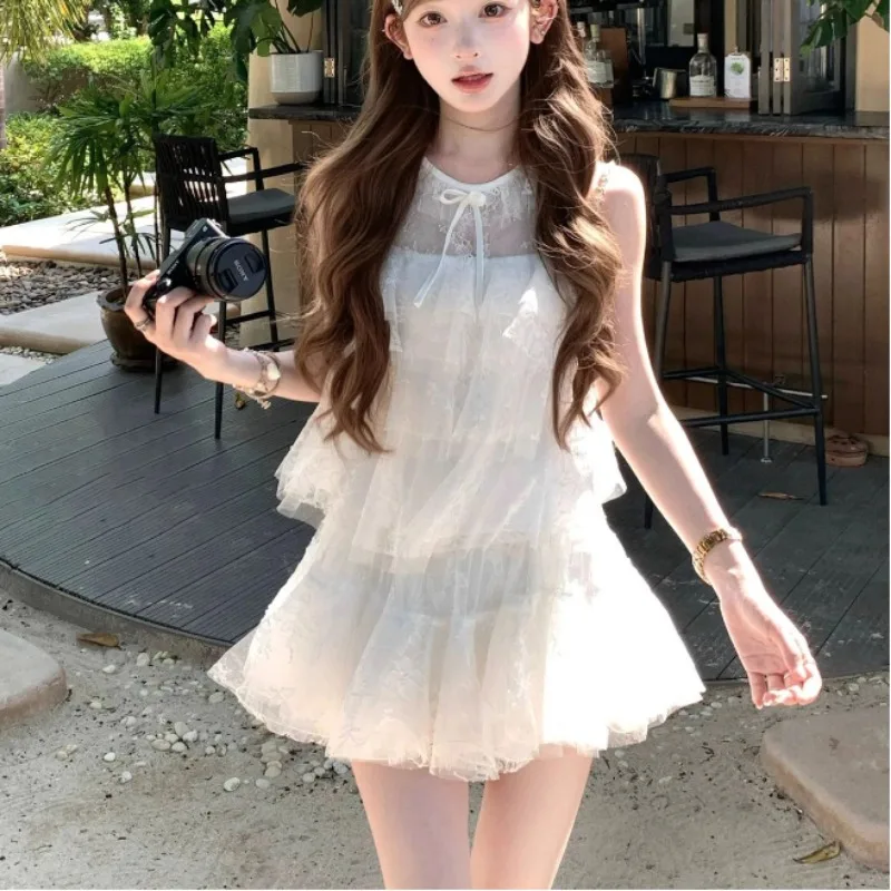 

Summer Lace Two Piece Set Women Sleeveless Mesh Top Ruffled Skirt Elegant White Slim Fit Outfit for Vacation Beach Party 2025