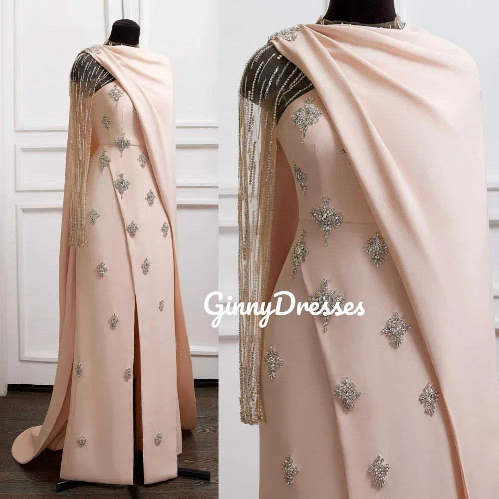 Split Customize Dresses For Women Cap Straps Floor-Length Zipper Up Women'S Evening Dresses Beadings Long Sleeves Vestidos De Fi