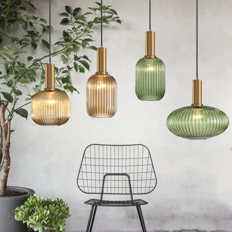 

Ribbed Glass Pendant Lamp Smoke Cognac Green Suspension Light Dining Bedroom Hotel Bedside Cafe Hanging Ceiling Chandelier
