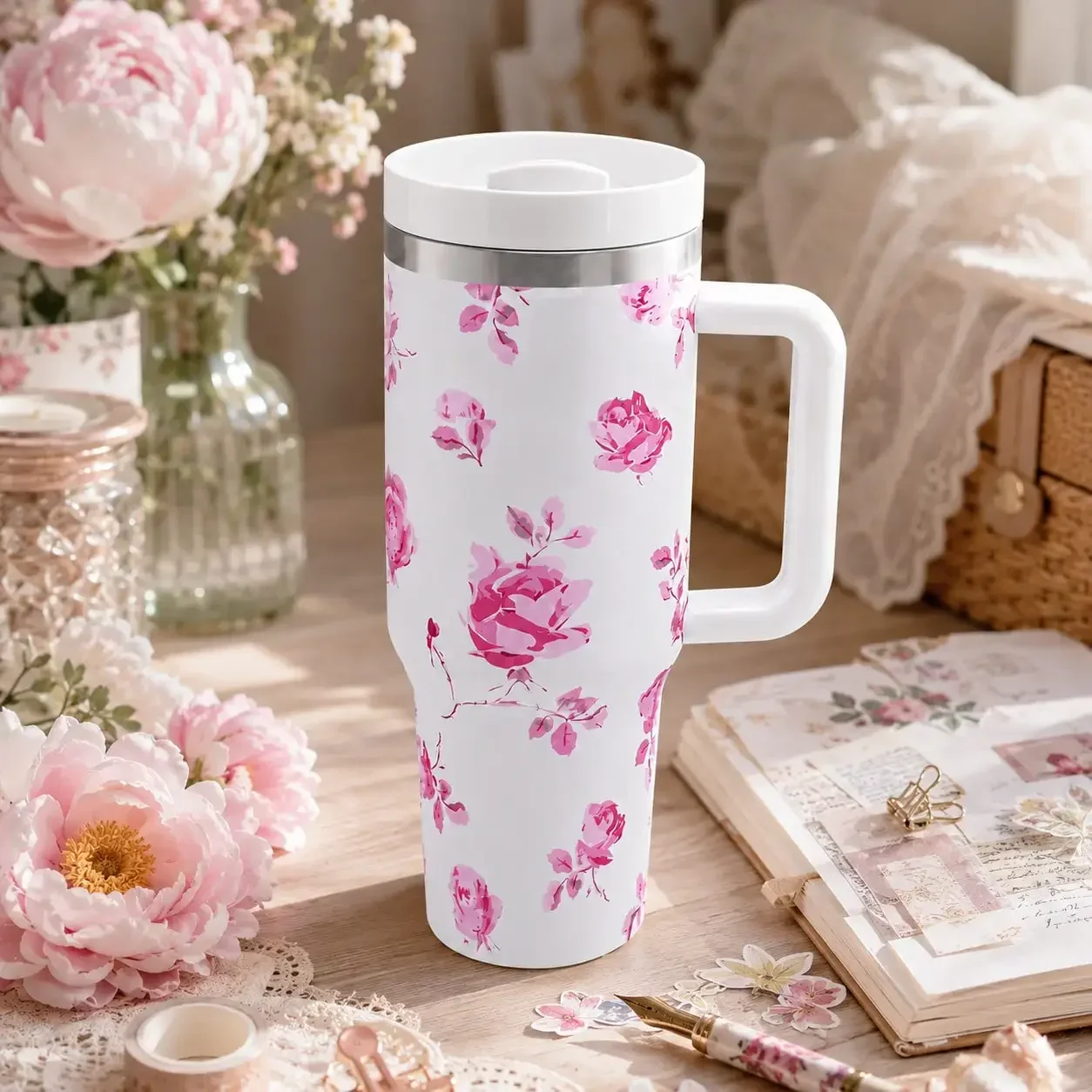 [Premium Tumbler] 40-Ounce Stainless Steel Tumbler With A Handle | Featuring Double-Wall Vacuum Insulation, Premium Multi-Colored Portable Water Bottle | Perfect For Travel, Outdoor Camping, Hiking, Driving, And Enjoying Iced Coffee