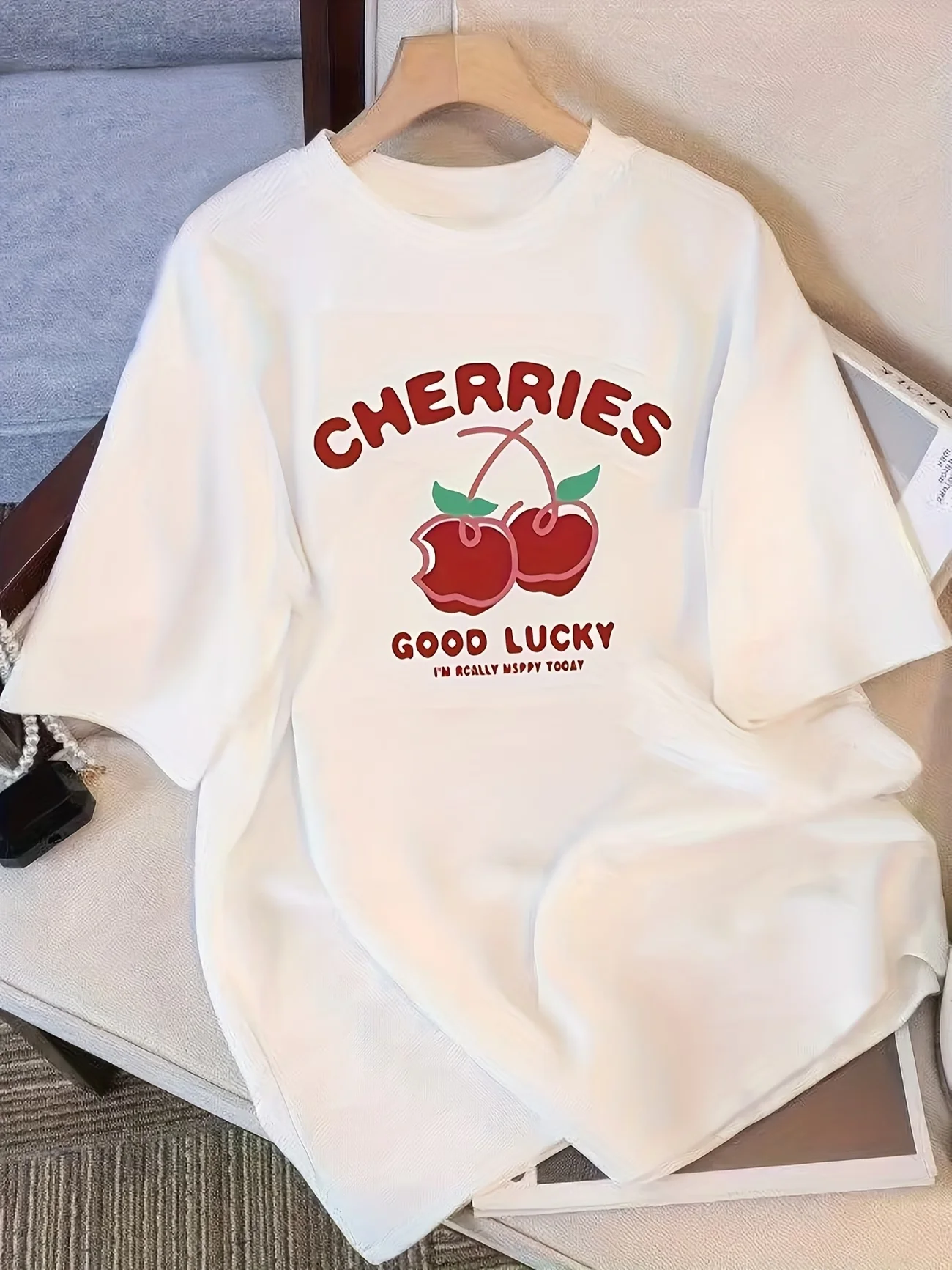 Aesthetic Cherry Printed T-Shirt Women Creative Graphic Tee Summer Casual Short Sleeve Top Harajuku Style K-Fashion Streetwear