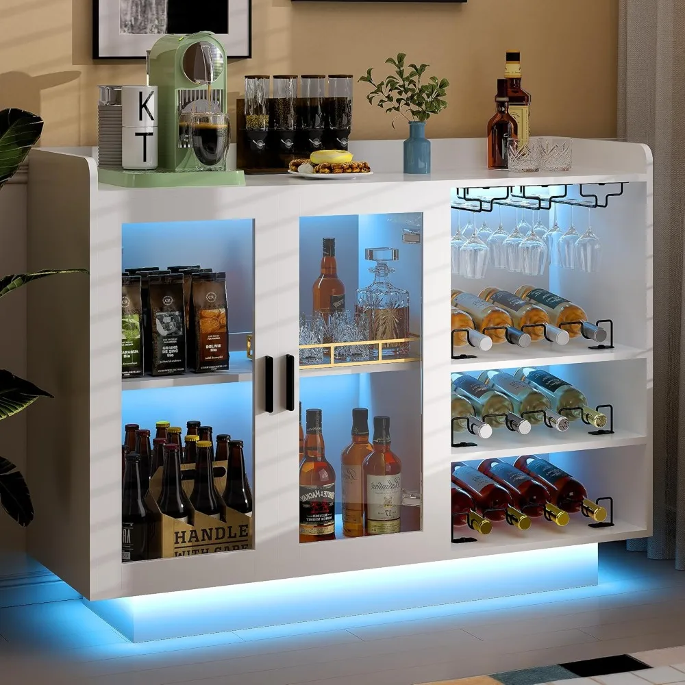 

Wine Bar Cabinet with LED Lights, 47 Modern White Liquor Cabinet Bar for Home with Large Storage Space, Wine Racks