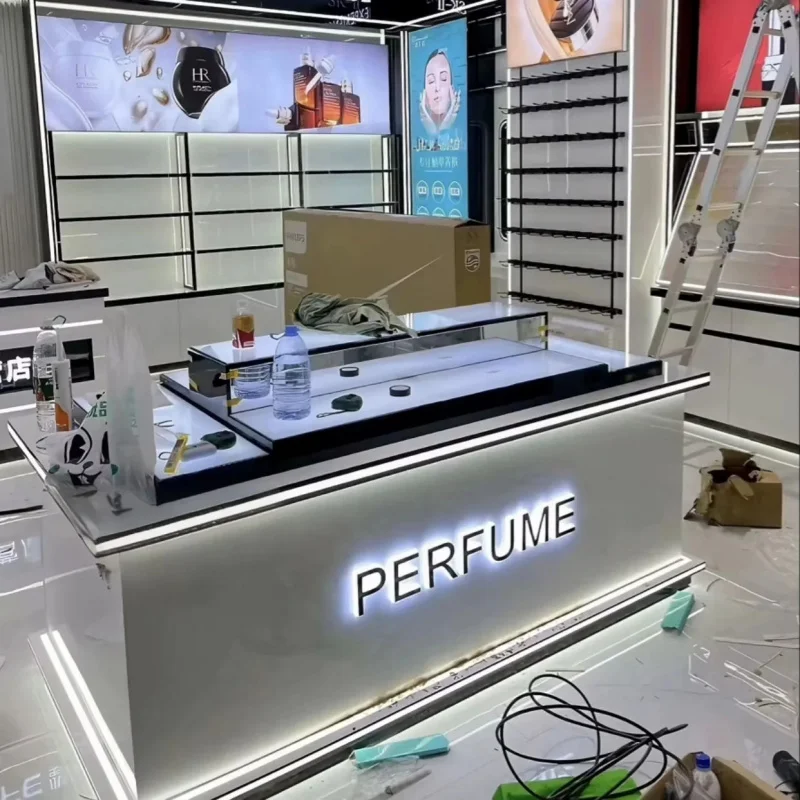 custom.Island Makeup Display Cabinet with LED Light Cosmetics Beauty Salon Skincare Products Showcase Makeup Samples