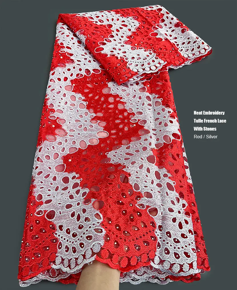 Red Silver Embroidered African Tulle Lace French Fabric Nigerian Traditional Garment Wear Wedding Cloth Evening Dress