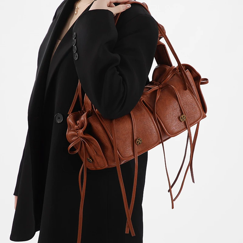 

Женская модная плиссированная сумка на плечо в стиле ретро, большая вместительная сумка на плечо, универсальная сумка с несколькими карманами, милая крутая сумка-ведро