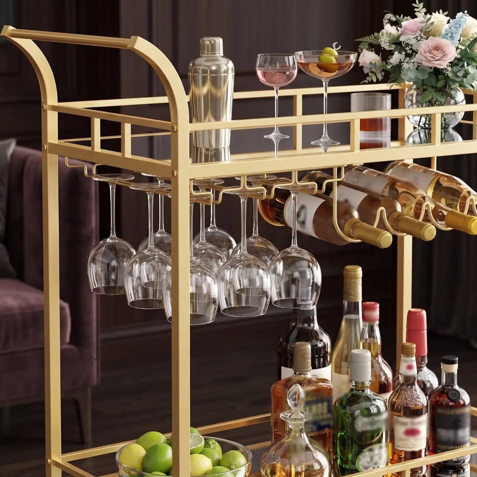 Home Bar Trolley Golden-Hued Bar Trolley with Vino Rack Slim for Hosts