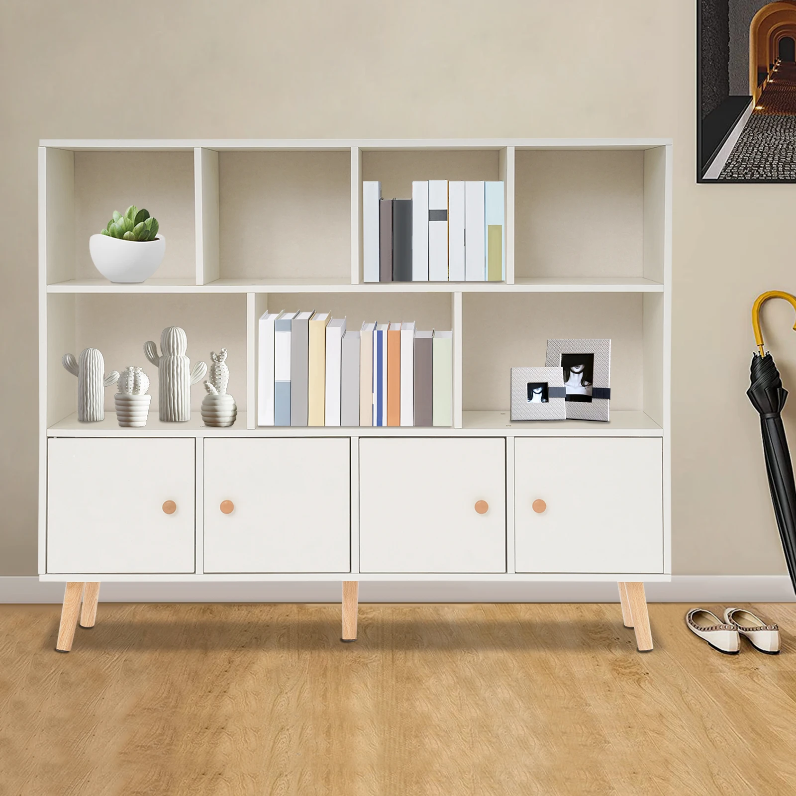 Librería de almacenamiento, estantería abierta con patas de madera maciza, estantería abierta de pie con 11 compartimentos