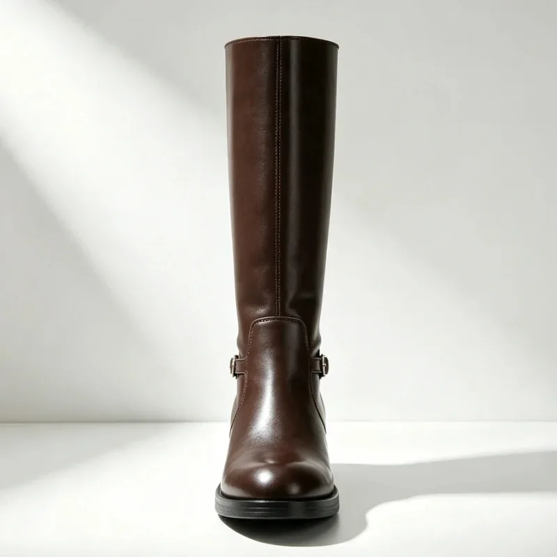 Unique Belt Buckle Decoration Knee Boots Women Winter Fashion Brown Soft Leather Chunky Heel Boots Waterproof Platform Boots
