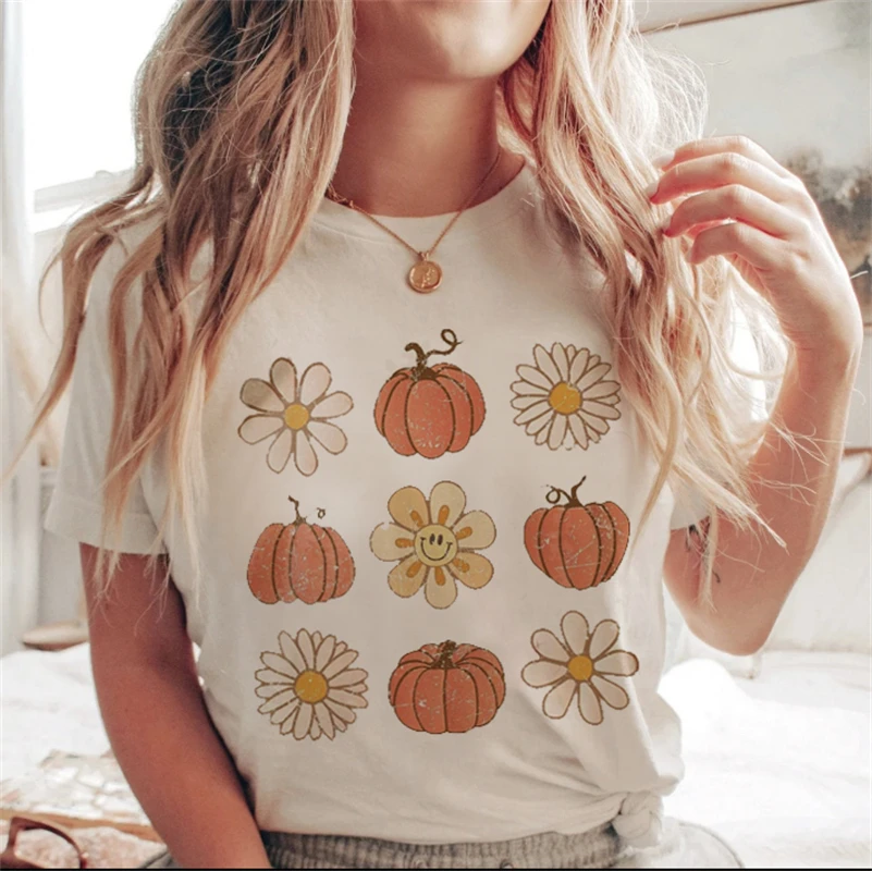 Simple Harajuku New Autumn Halloween Fashion All-match Short-sleeved Cute Fun Pumpkin Print Casual T-shirt Summer Women\'s Print.