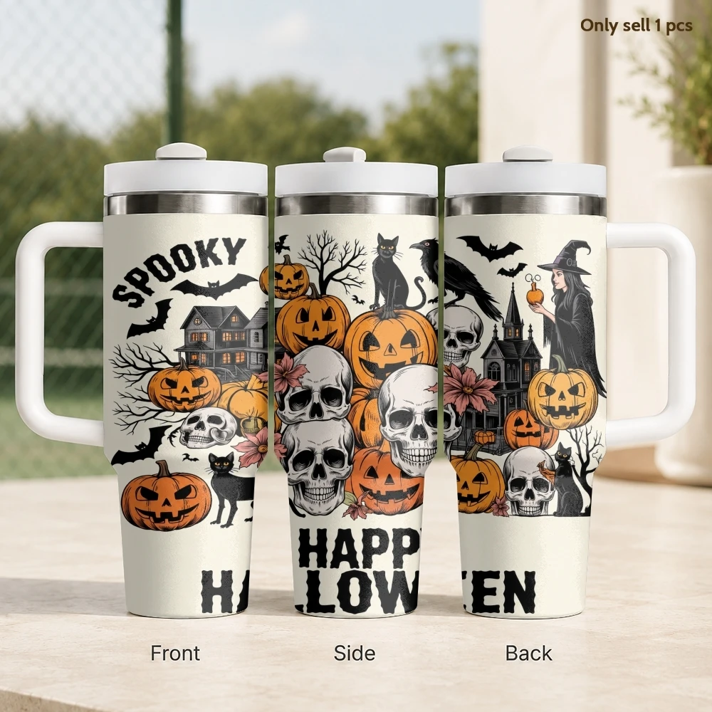 Spooky Halloween Vacuum Flasks 40oz Stainless Steel Travel Tumbler with Handle Straw Lid Double Wall Vacuum Insulated