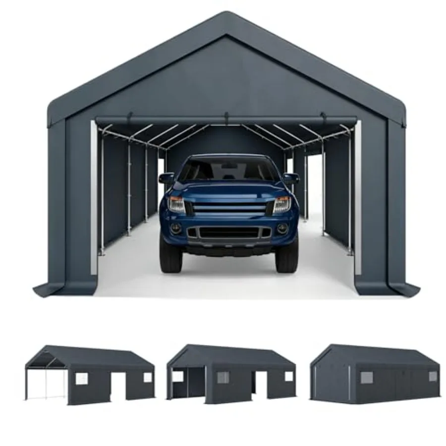 Portable garage carport for outdoor vehicle storage, durable polyethylene canopy, gray color, waterproof and UV-resistant