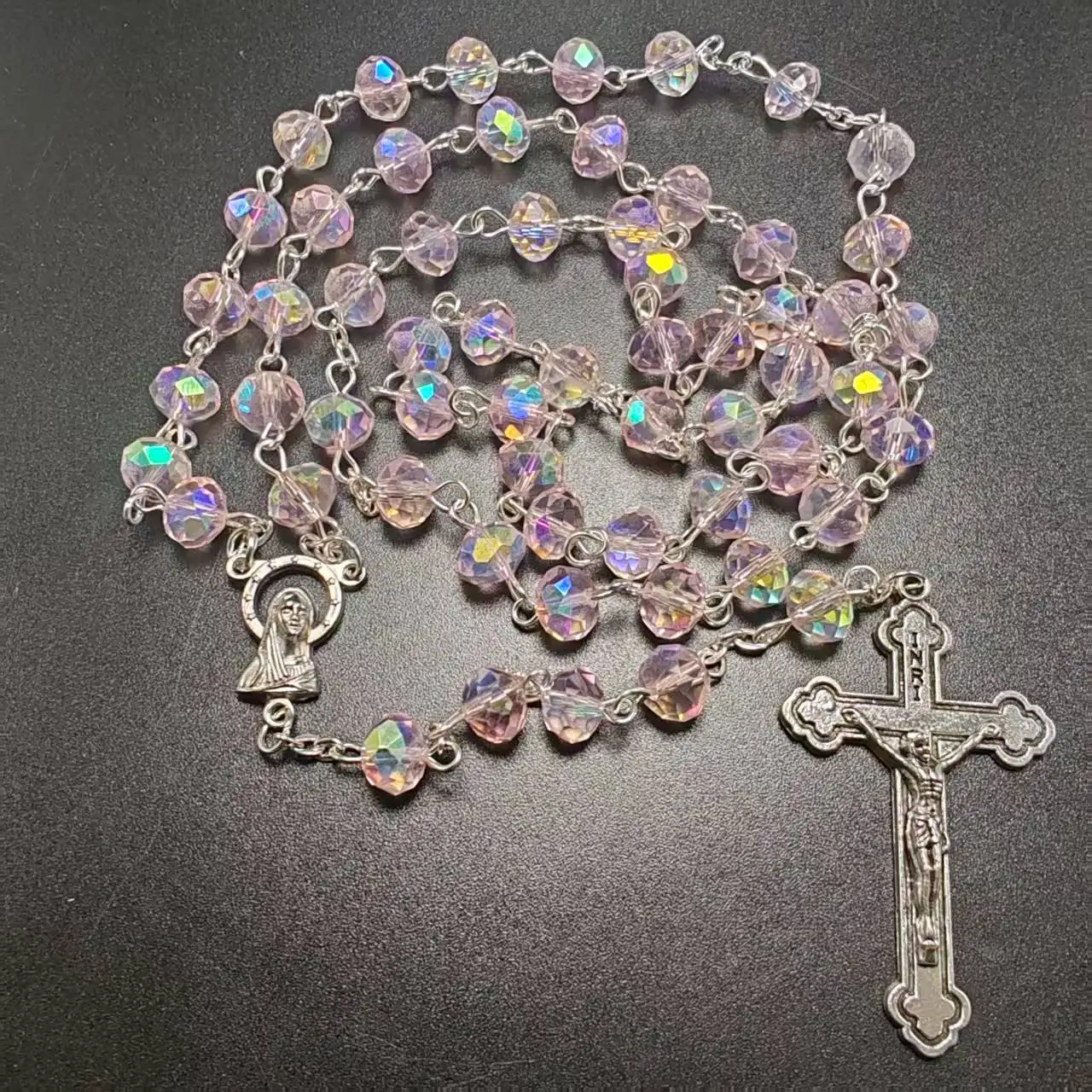 6*8mm AB plating facet crystal rosary necklace religious use Jesus cross rosary with virgin Mary center