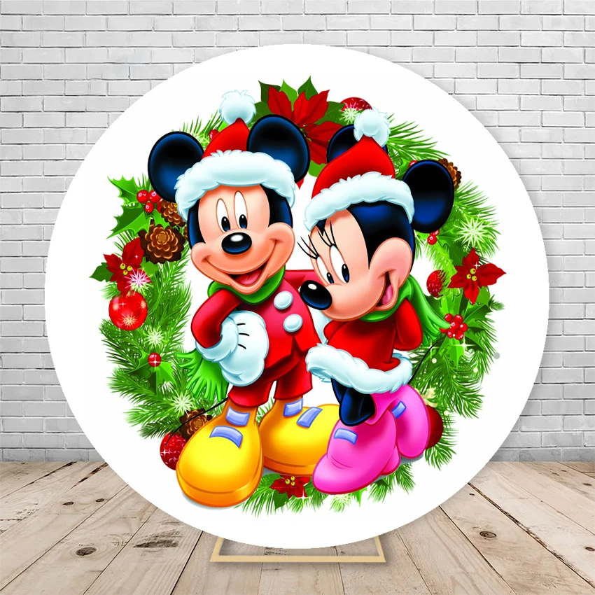 Christmas Backdrop Mickey Mouse Red Merry Christmas Round Background Cover Baby 1st Christmas Ornament Circle Backdrops Props