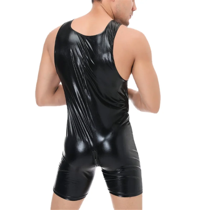 Sexy Mens PU Leather Bodysuits Wrestling Singlet Male Zipper Open Crotch Boxers Jumpsuits Stage Nightclub Leotard Dance Clubwear