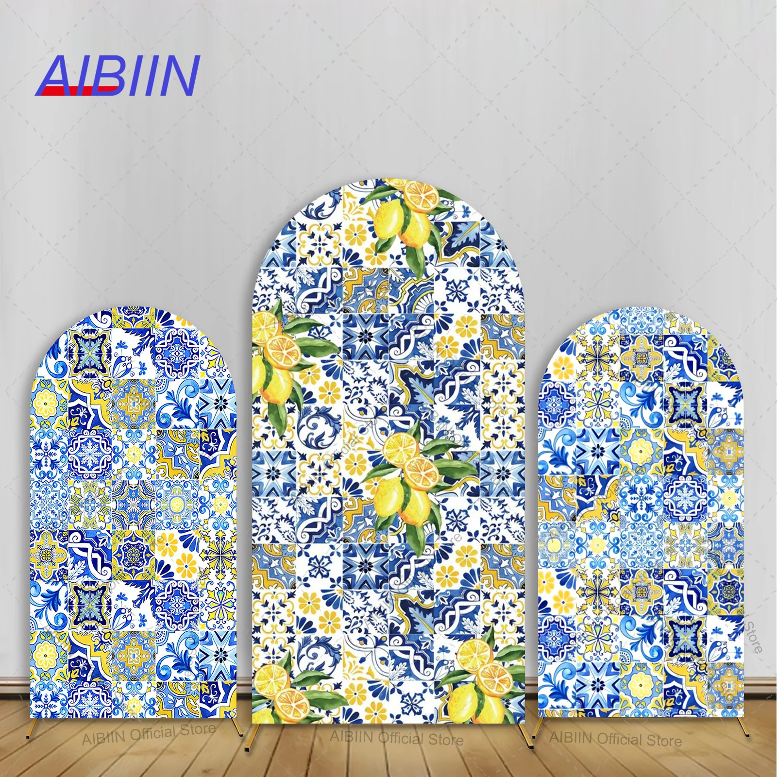 Arche de douche nuptiale citron, couverture d'arrière-plan, carreaux bleus, décor de fête d'anniversaire, réception-cadeau pour bébé, arrière-plan de gâteau de mariage, Portrait Photozone