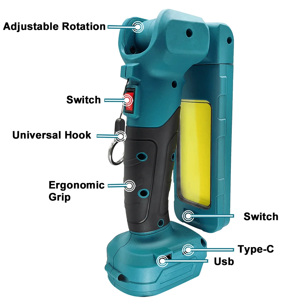 Cordless LED Work Light Portable Lanterns Handheld Spotlight Suspendable Lamp With USB+Type C For Makita 18V Battery(No Battery)