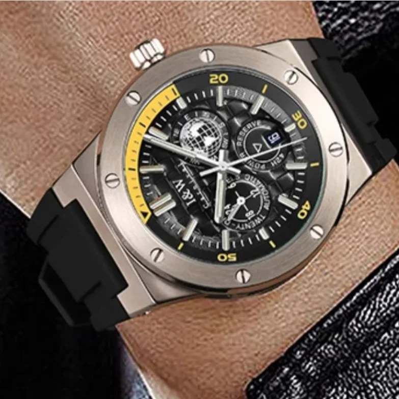 I&W Men Automatic Watch 42mm Mechanical Wristwatch Sport Waterproof Luminous Sapphire Mirror Power Reserve Indicator 24 Hours