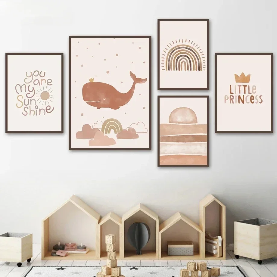 

Boho Rainbow Deer Bear Whale Cactus Wall Art And Print Crown Little Princess Quotes Canvas PaintingPoster Baby Kids Room Decor