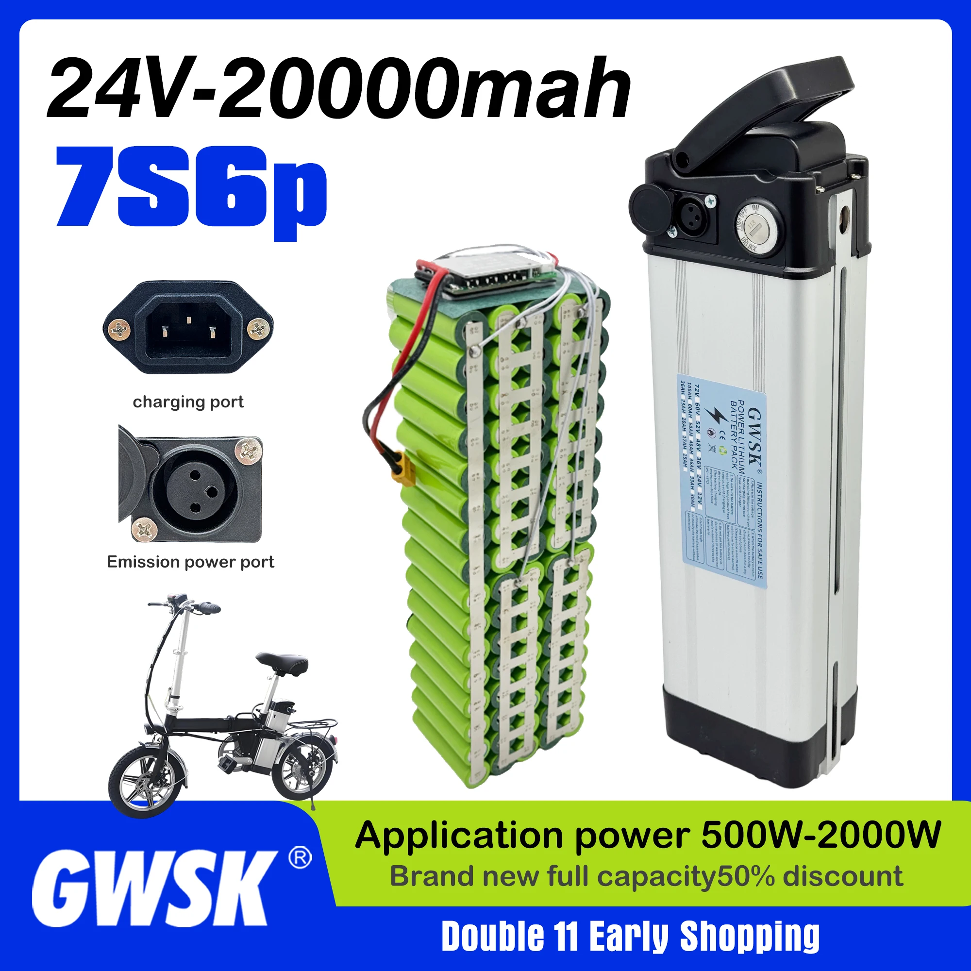 

2.Brand new 48V36V24V Silver Fish 18650 lithium-ion battery, 100% full capacity, built-in BMS+charger