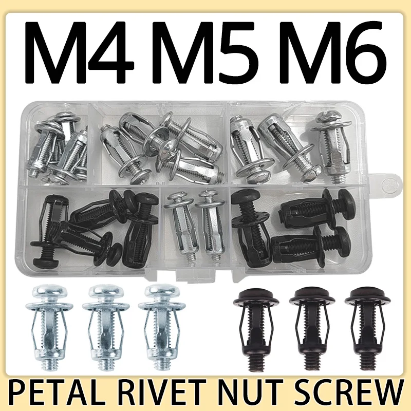 Petal Rivets M4 M5 M6 Lock Screw Nut Kit Set Aluminum Rivet Black Steel Riveter Hollow Iron Fixed Plate Bolt For Car  License