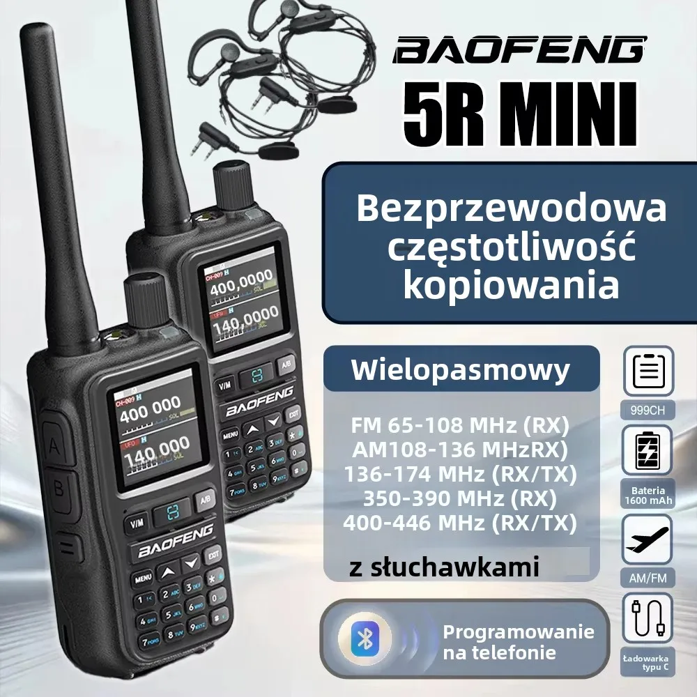2 SZT. BAOFENG UV-5RMini Walkie-Talkie Wielozakresowe Programowalne Bezprzewodowe Kopiowanie Częstotliwości 5W 999CH AM FM Daleki Zasięg Dwukierunkowe Radio