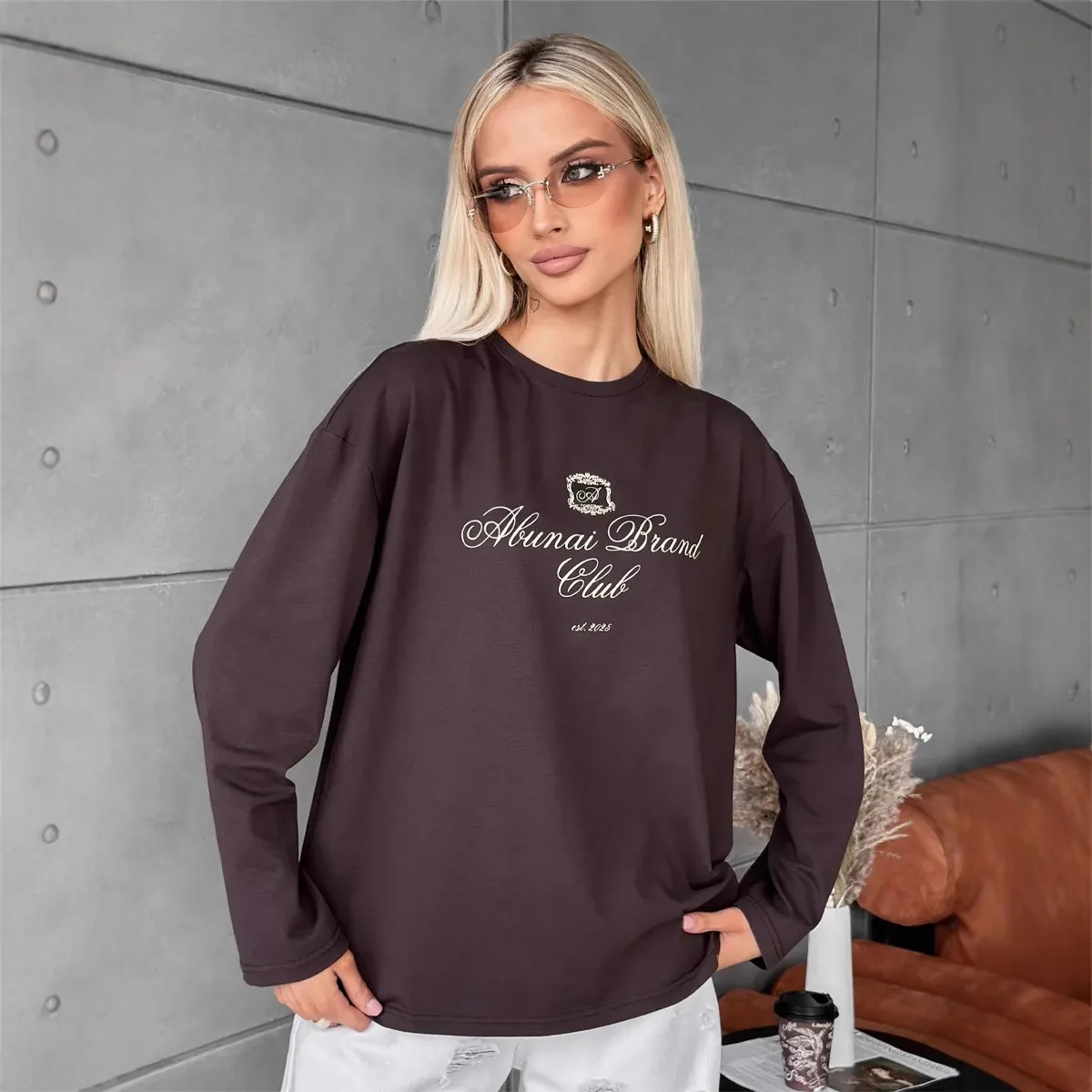 Women's Autumn and Spring 100% Pure Cotton Fashionable Casual Heart-shaped Printed Round Neck Long Sleeved T-shirt Top