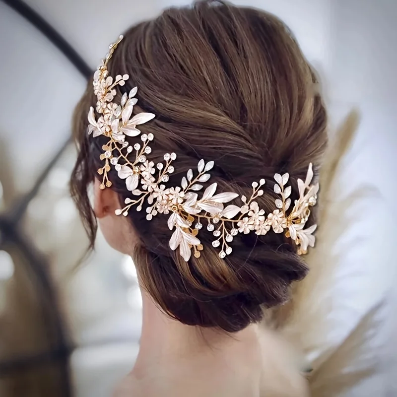 

Vintage Gold Wedding Headband Handmade Headdress Pearl Crystal Flower Leaf Bride Tiara Headband Wedding Hair Accessories