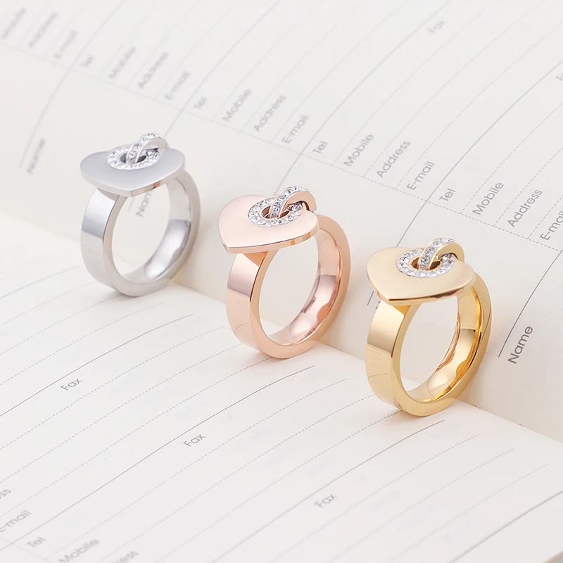 Shiny Rhinestone Heart Women\'s Rings Gold Silver Rose Gold Color Stainless Steel Charm Ring Mujer Simple Jewelry For Women