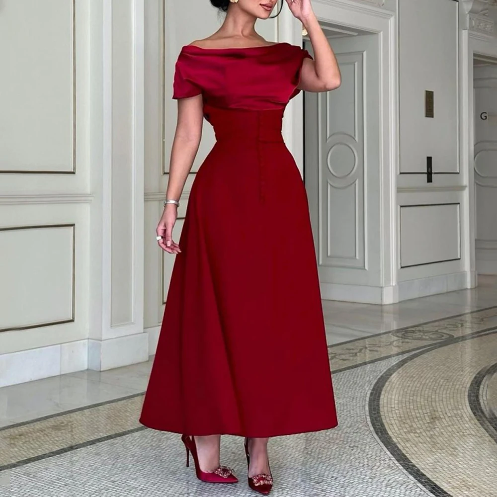 Flechazo Simple Jersey Ankle Length Evening Dress Boat Neck Short Sleeves A-Line Women Custom Made for Wedding Party Gowns